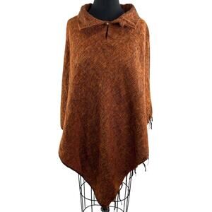 Zig Zag Burnt Orange Button Fringe Trim Pullover Collared Cape Poncho NEPAL OS